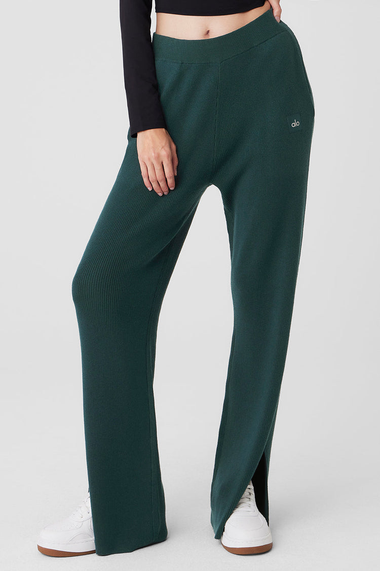 Pantalón de punto Salana de cintura alta y pierna ancha - Verde medianoche