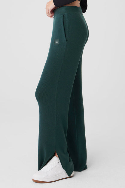 Pantalón de punto Salana de cintura alta y pierna ancha - Verde medianoche